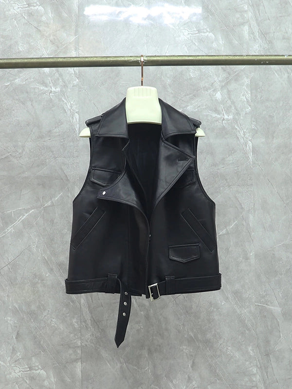 Women's Fall Winter Vest Black Lapel Leather Cropped for Date Night Holiday Party