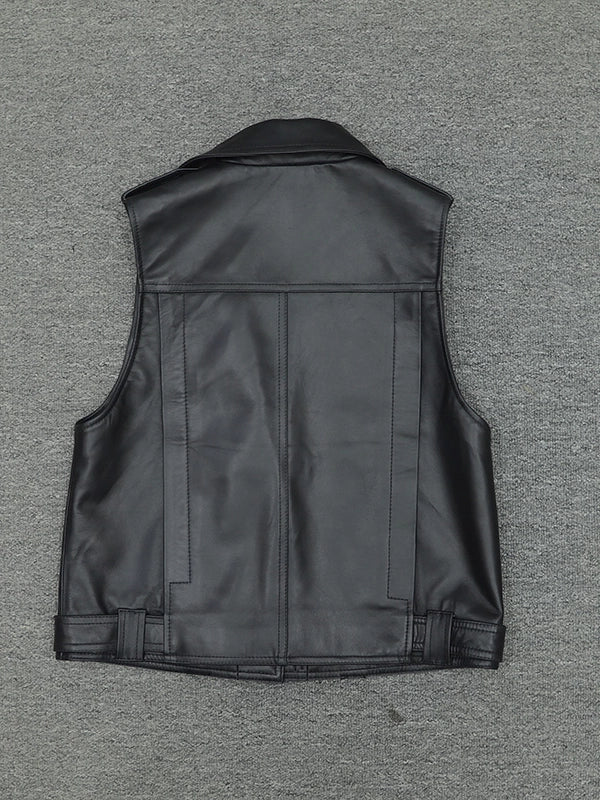 Women's Fall Winter Vest Black Lapel Leather Cropped for Date Night Holiday Party