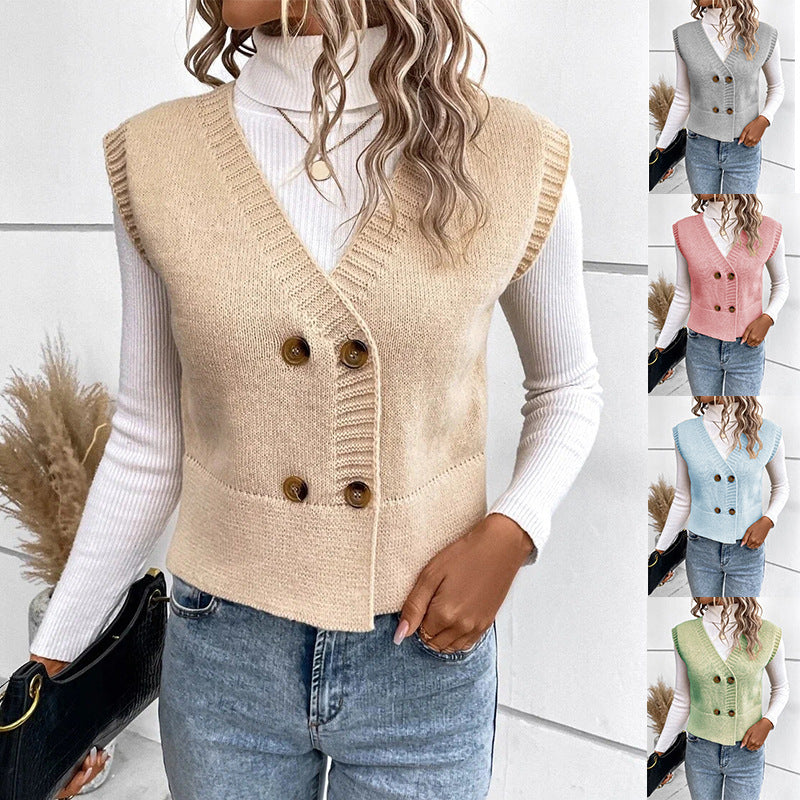 Women's Knit V-Neck Double-Breasted Casual Sleeveless Vest Layering Fall Winter Fashion Jewelry Everyday Wear
