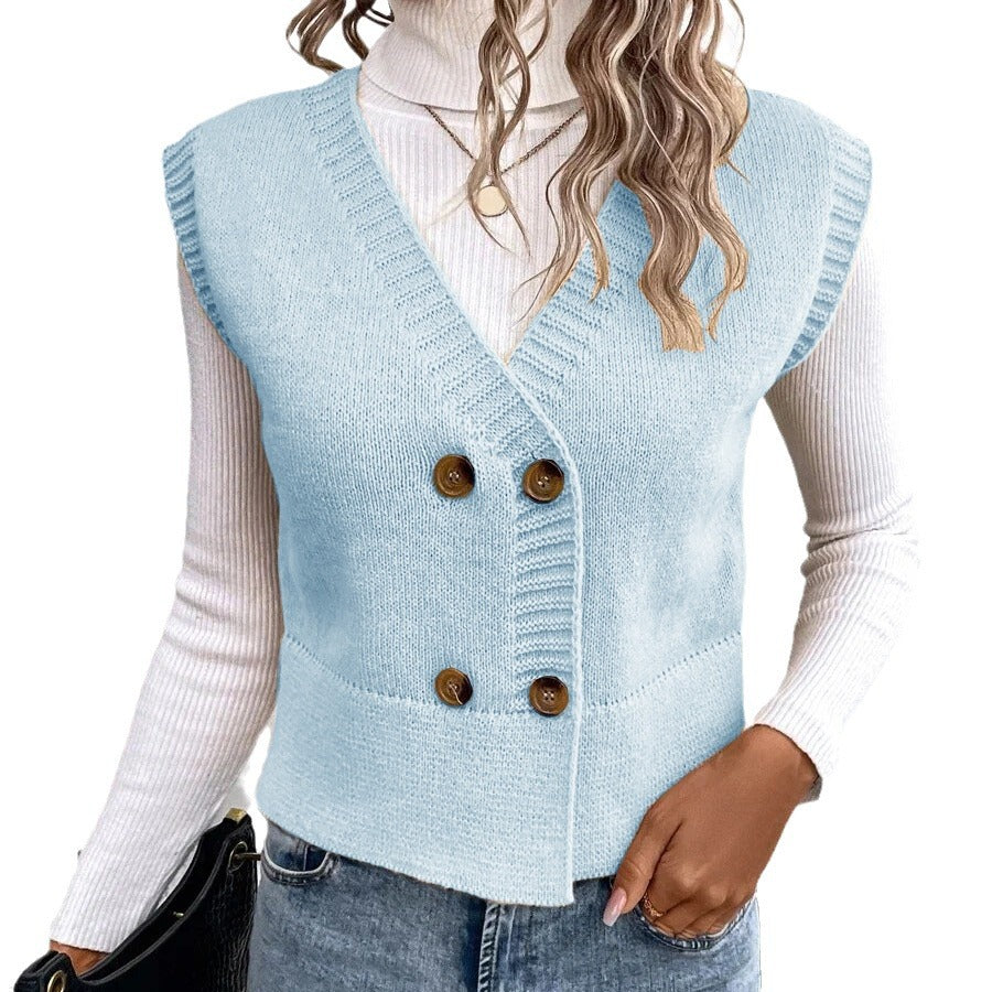Women's Knit V-Neck Double-Breasted Casual Sleeveless Vest Layering Fall Winter Fashion Jewelry Everyday Wear