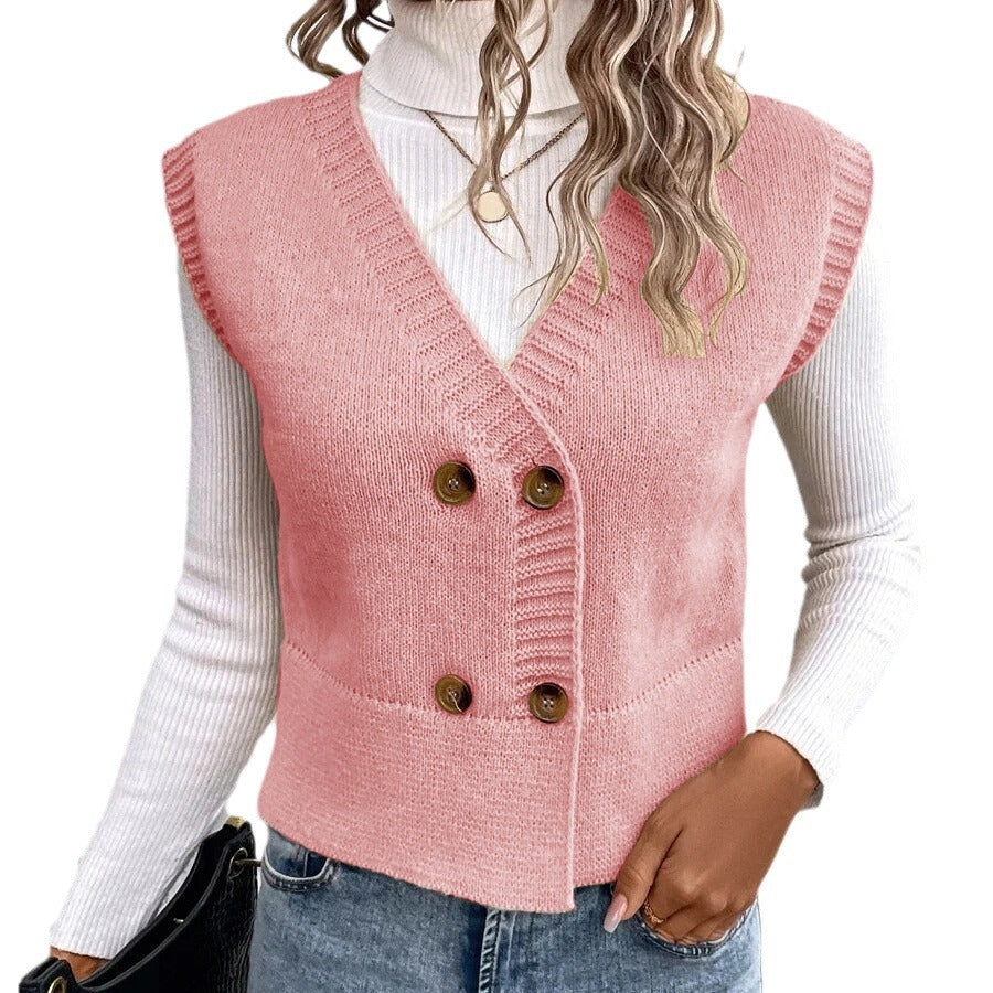 Women's Knit V-Neck Double-Breasted Casual Sleeveless Vest Layering Fall Winter Fashion Jewelry Everyday Wear