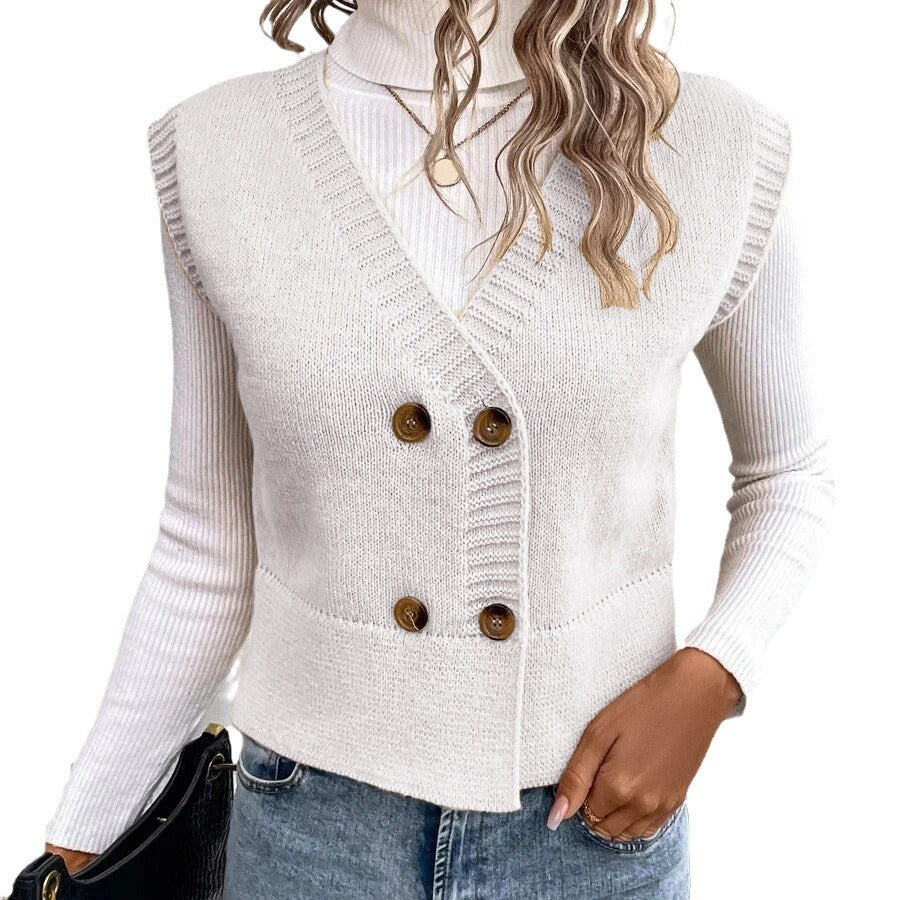 Women's Knit V-Neck Double-Breasted Casual Sleeveless Vest Layering Fall Winter Fashion Jewelry Everyday Wear