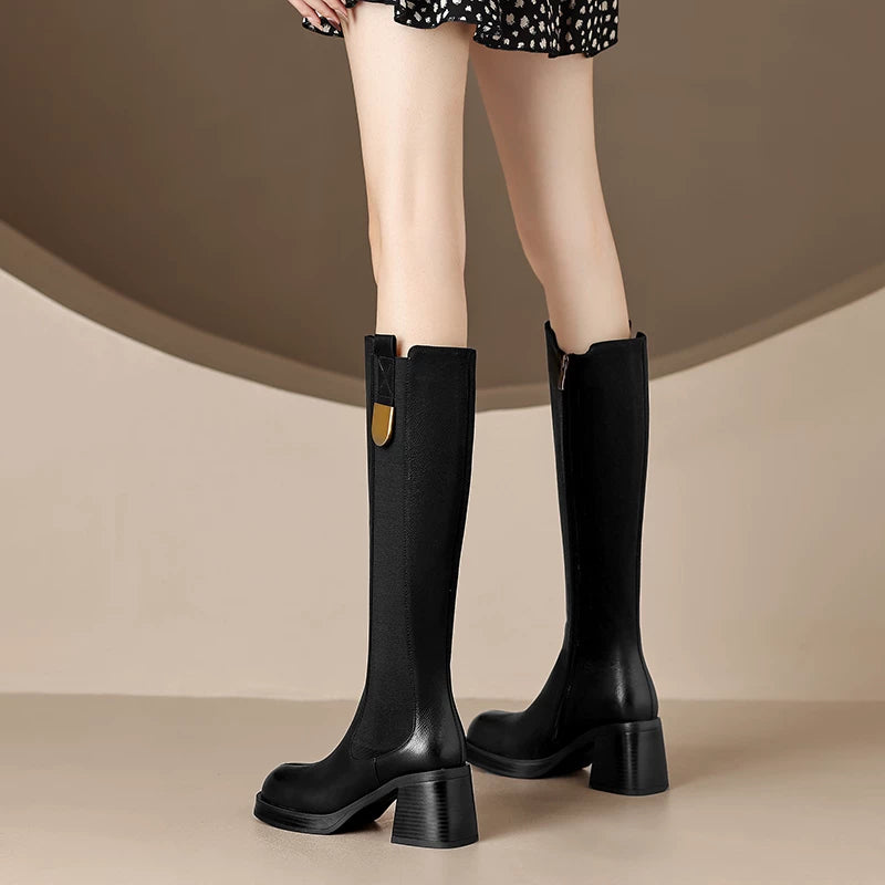 Women's Fall Winter Chunky Sole Leather High Heel French-Inspired Retro Tall Riding Boots for Office and Weekend Streetwear Everyday Wear Date Night