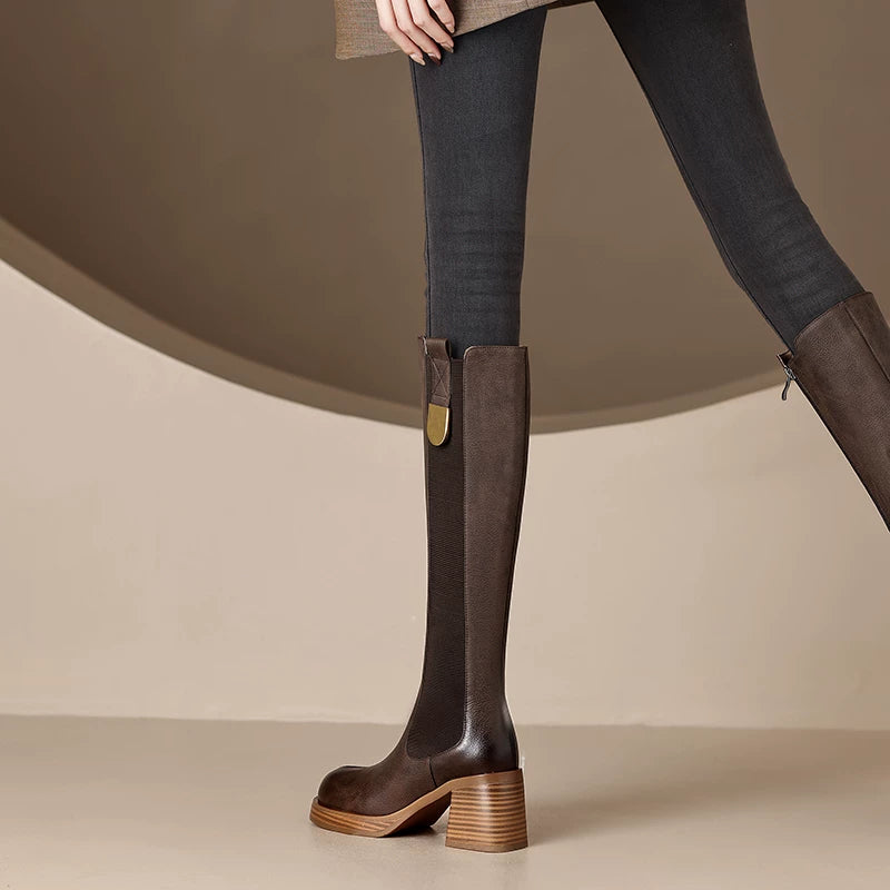 Women's Fall Winter Chunky Sole Leather High Heel French-Inspired Retro Tall Riding Boots for Office and Weekend Streetwear Everyday Wear Date Night