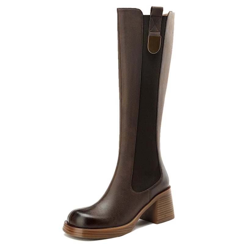 Women's Fall Winter Chunky Sole Leather High Heel French-Inspired Retro Tall Riding Boots for Office and Weekend Streetwear Everyday Wear Date Night