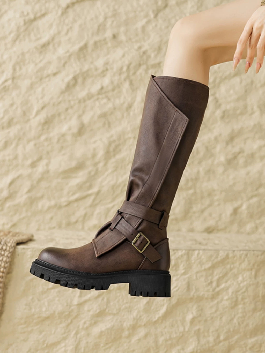 Women's Fall Winter Chunky Sole Leather Retro Tall Riding Boots for Office and Weekend Streetwear Everyday Wear Date Night Wedding Guest