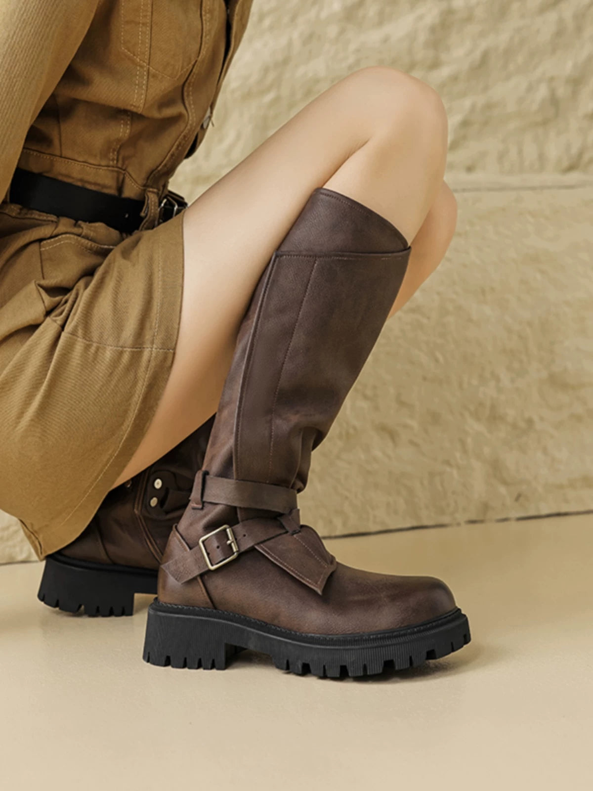 Women's Fall Winter Chunky Sole Leather Retro Tall Riding Boots for Office and Weekend Streetwear Everyday Wear Date Night Wedding Guest