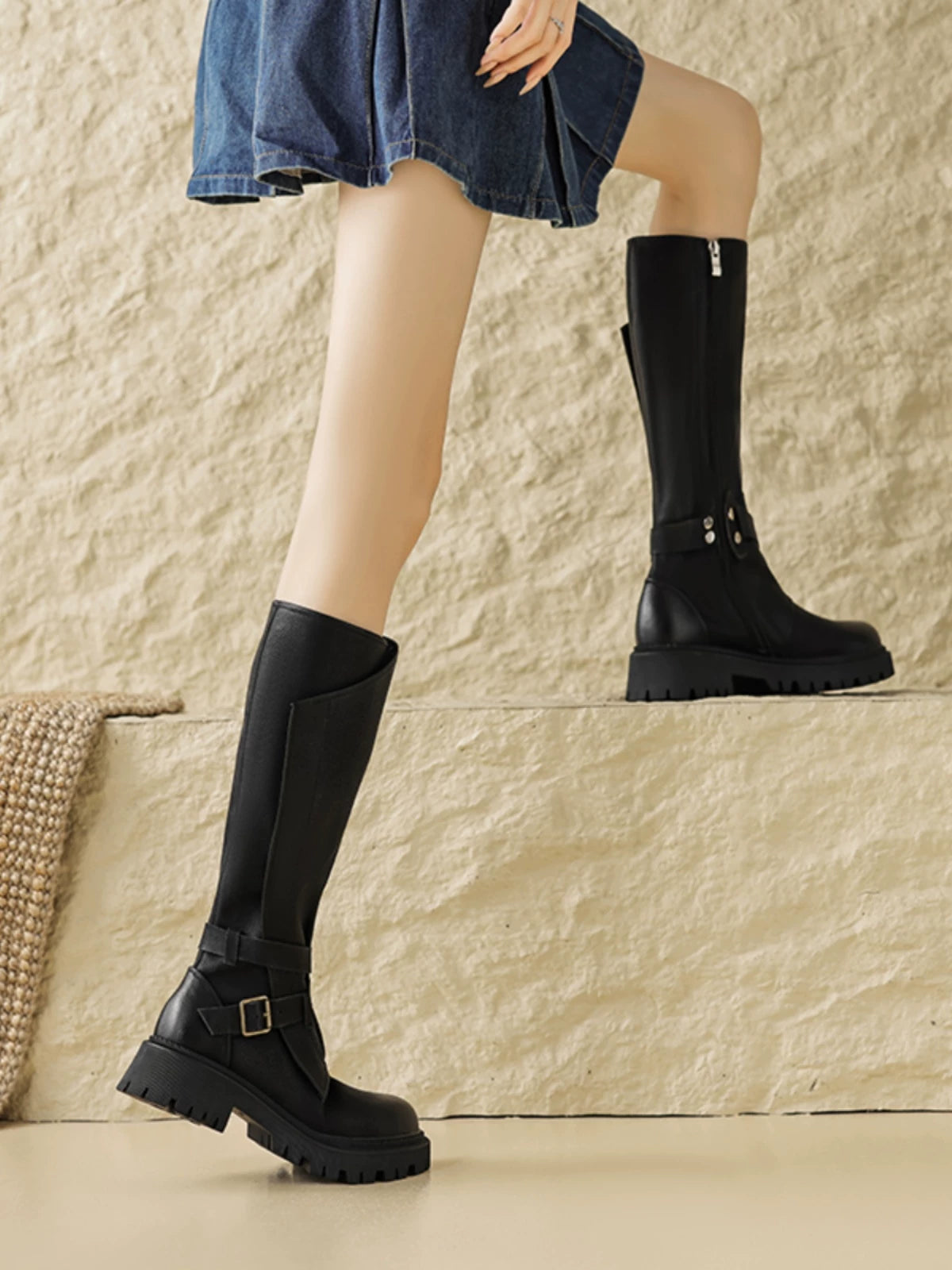 Women's Fall Winter Chunky Sole Leather Retro Tall Riding Boots for Office and Weekend Streetwear Everyday Wear Date Night Wedding Guest