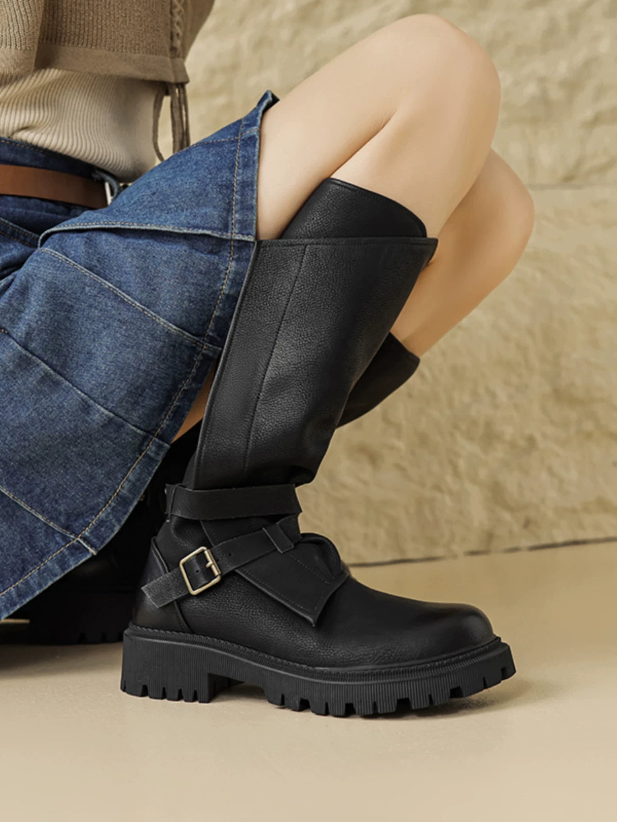 Women's Fall Winter Chunky Sole Leather Retro Tall Riding Boots for Office and Weekend Streetwear Everyday Wear Date Night Wedding Guest