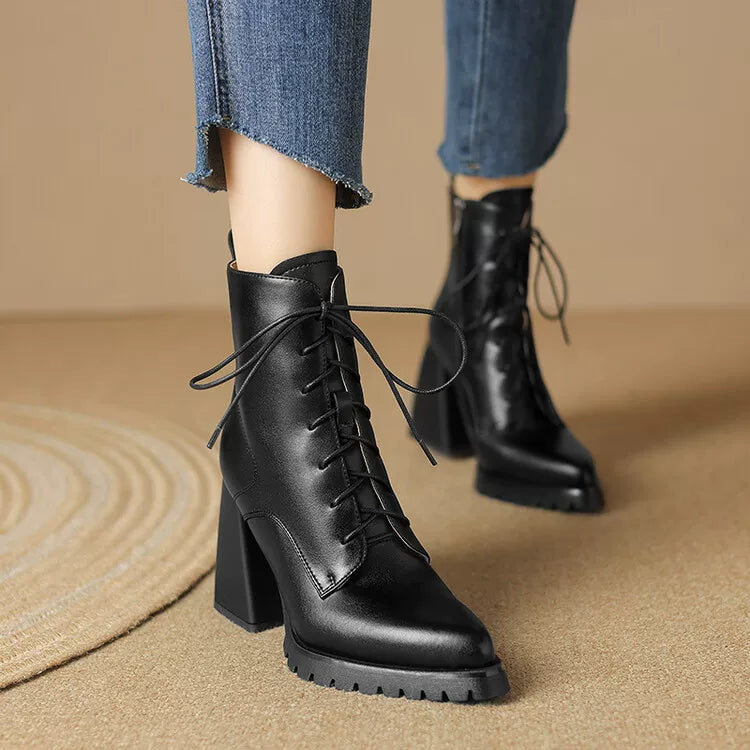 Women's Brown Chunky Sole Leather Pointed Toe Fleece-Lined Block Heel High Heel Ankle Boots for Fall Outfits Streetwear Winter Office and Weekend Everyday Wear