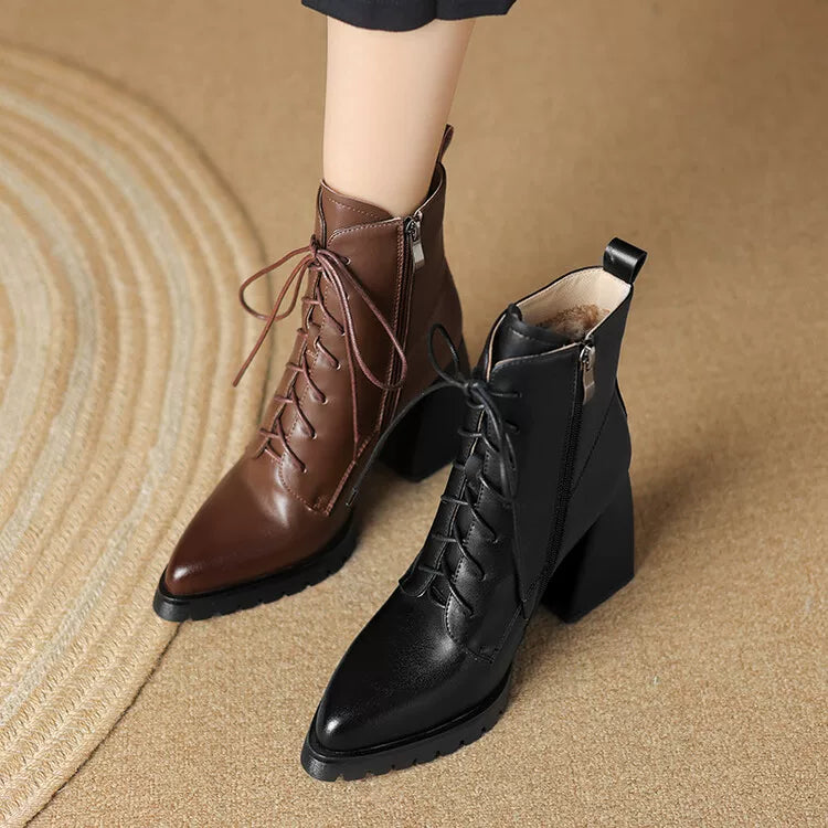 Women's Brown Chunky Sole Leather Pointed Toe Fleece-Lined Block Heel High Heel Ankle Boots for Fall Outfits Streetwear Winter Office and Weekend Everyday Wear