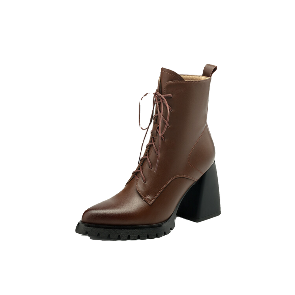 Women's Brown Chunky Sole Leather Pointed Toe Fleece-Lined Block Heel High Heel Ankle Boots for Fall Outfits Streetwear Winter Office and Weekend Everyday Wear