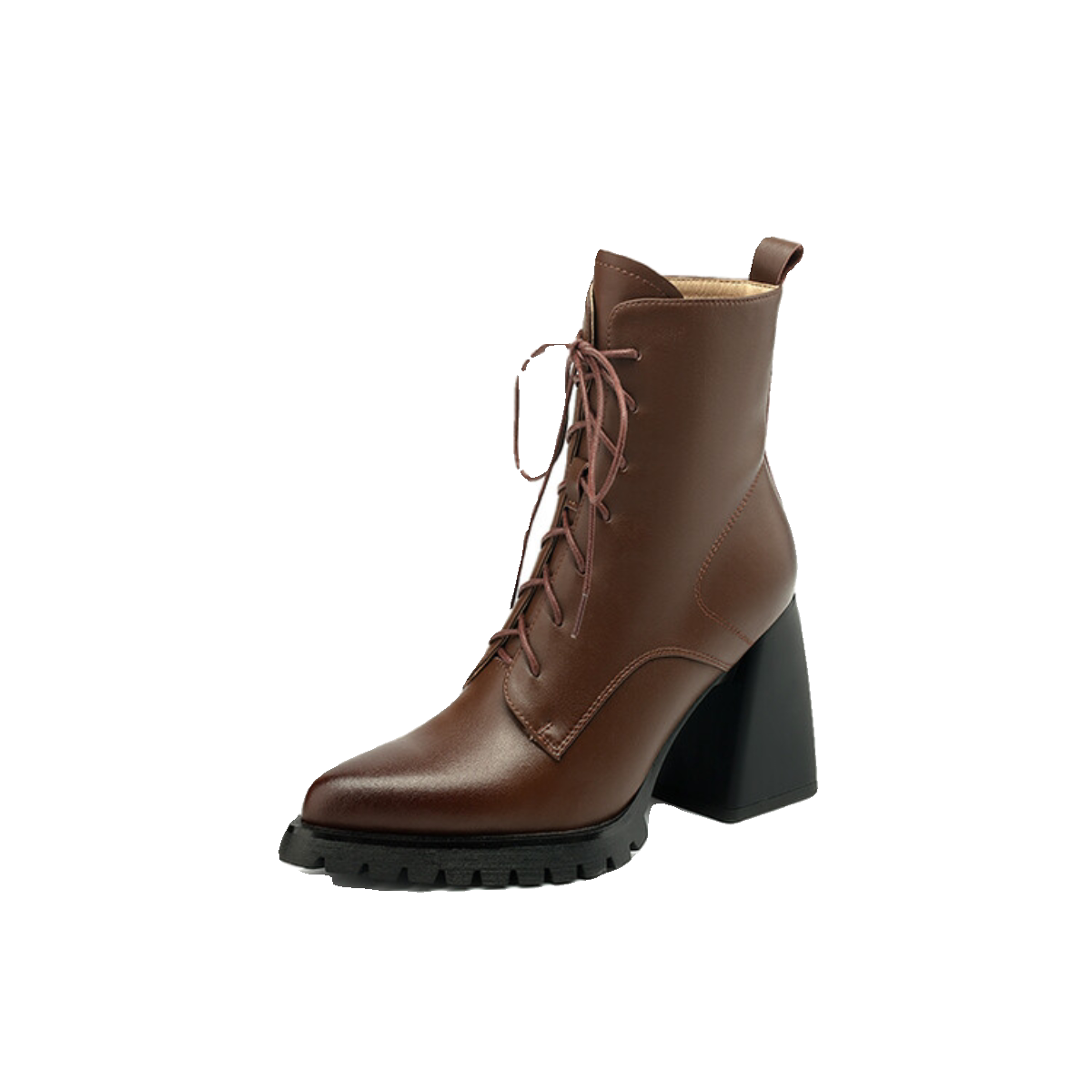 Women's Brown Chunky Sole Leather Pointed Toe Fleece-Lined Block Heel High Heel Ankle Boots for Fall Outfits Streetwear Winter Office and Weekend Everyday Wear
