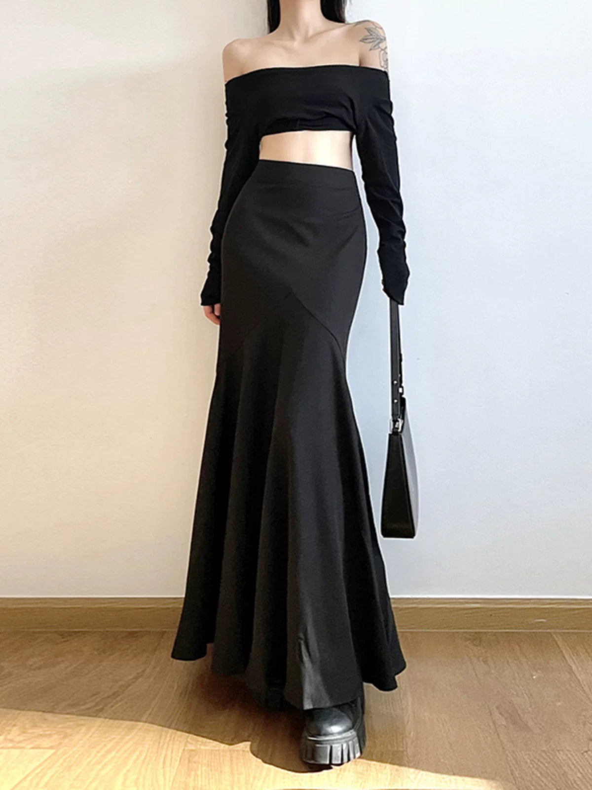 Women's Black Bodycon High-waist Maxi Slim-fit Mermaid Evening Gown Tie for Wedding Guest Cocktail Party Prom Slimming Date Night Formal Party