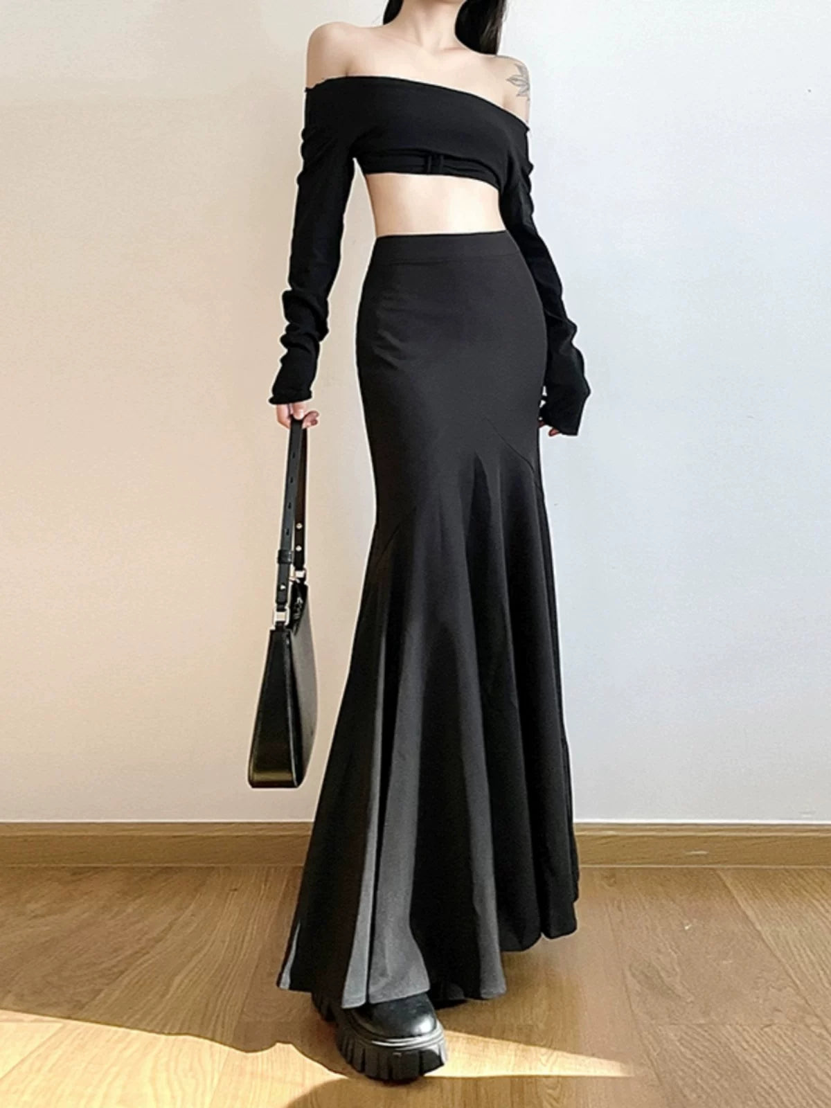 Women's Black Bodycon High-waist Maxi Slim-fit Mermaid Evening Gown Tie for Wedding Guest Cocktail Party Prom Slimming Date Night Formal Party