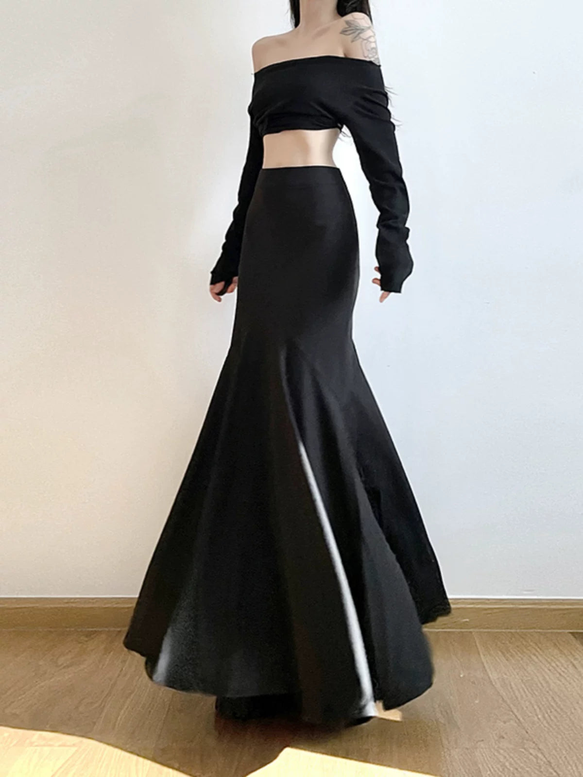 Women's Black Bodycon High-waist Maxi Slim-fit Mermaid Evening Gown Tie for Wedding Guest Cocktail Party Prom Slimming Date Night Formal Party