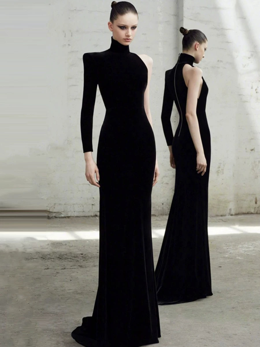 Women's Turtleneck Black Slim-fit Maxi Evening Dress Formal Midi Dress Tie Gown Slimming