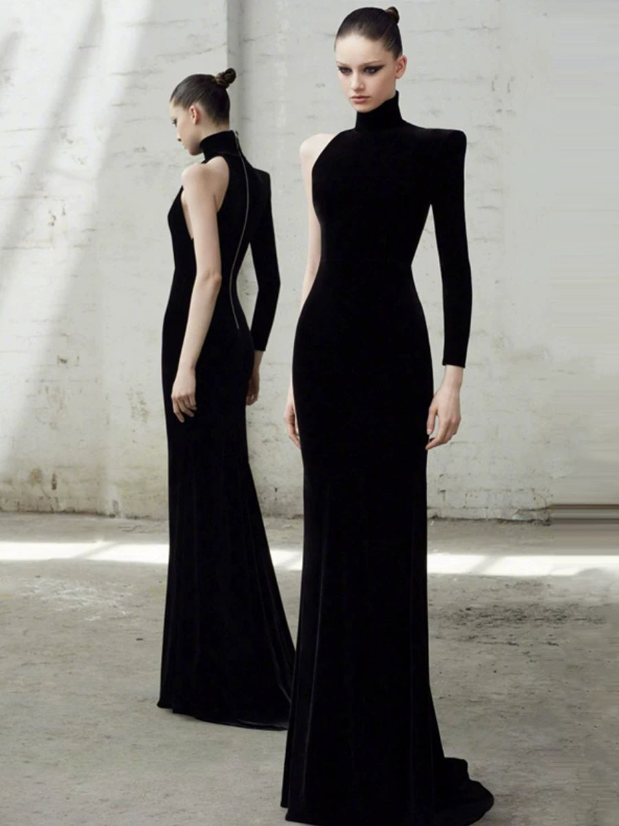 Women's Turtleneck Black Slim-fit Maxi Evening Dress Formal Midi Dress Tie Gown Slimming