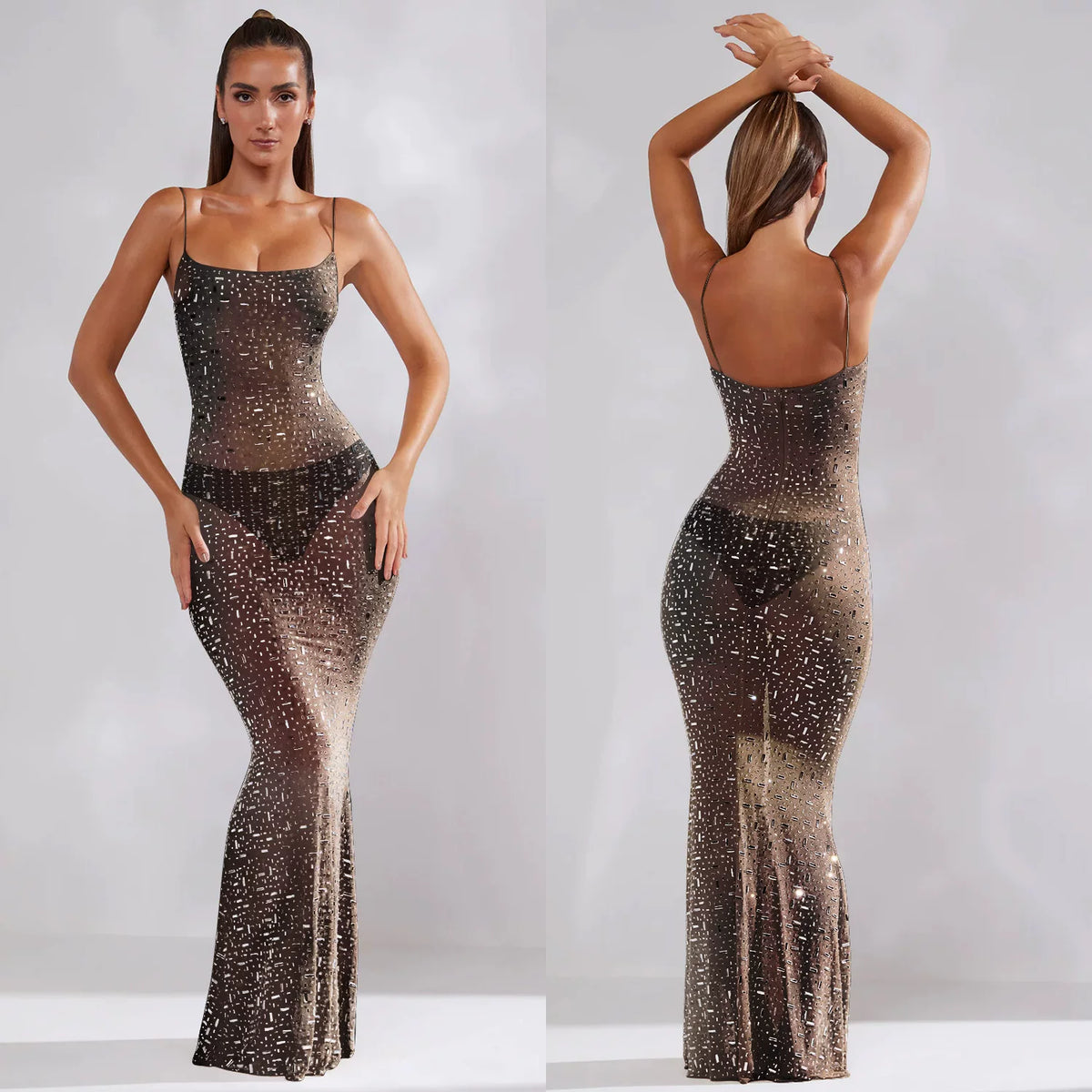 Women's Halter Dress Breathable Mesh Crystal Maxi Dress Long Vacation Dress Beach