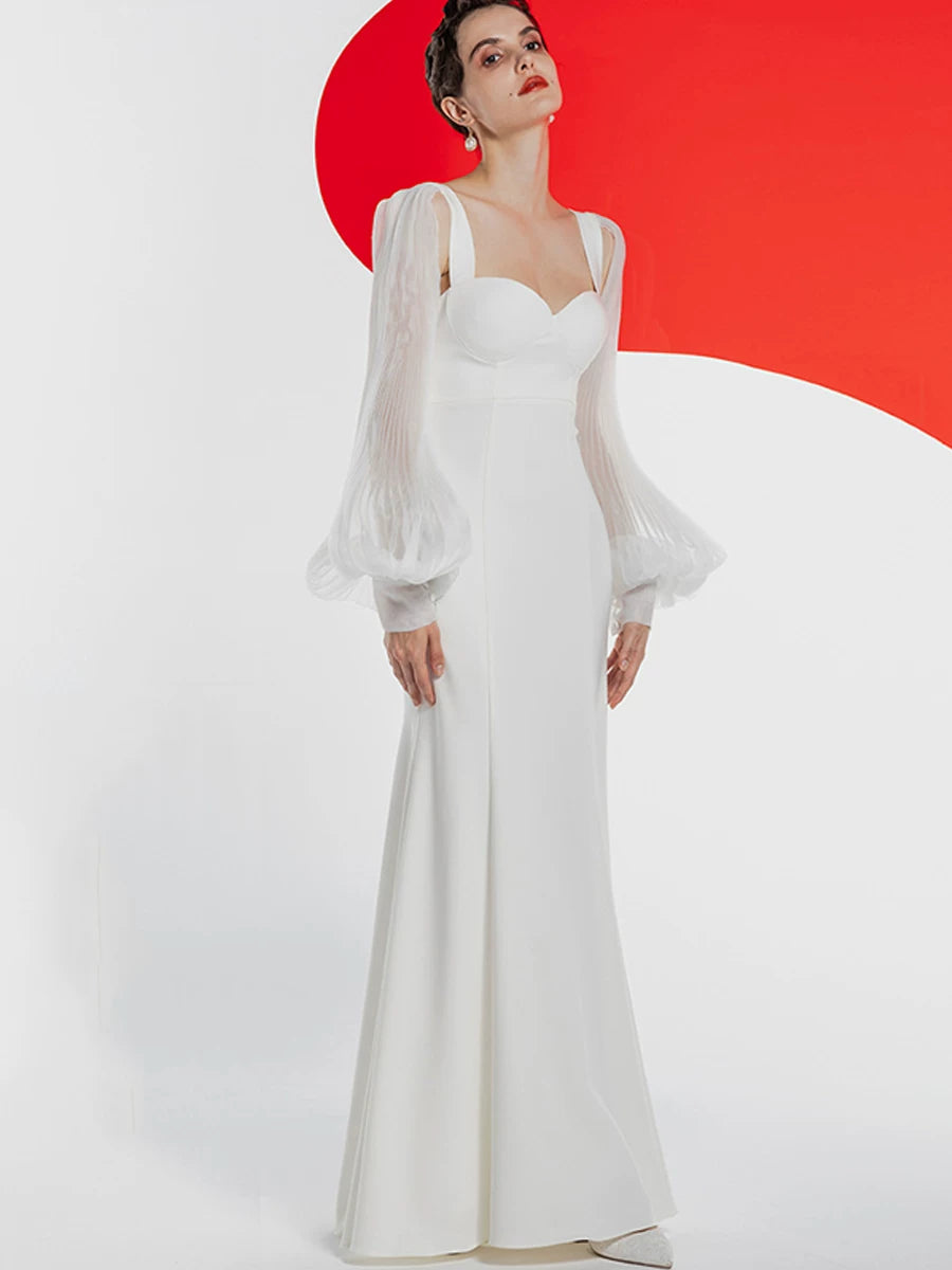 Women's White Lantern Sleeve Slim-Fit Open-Back Maxi Evening Dress Formal Midi Dress