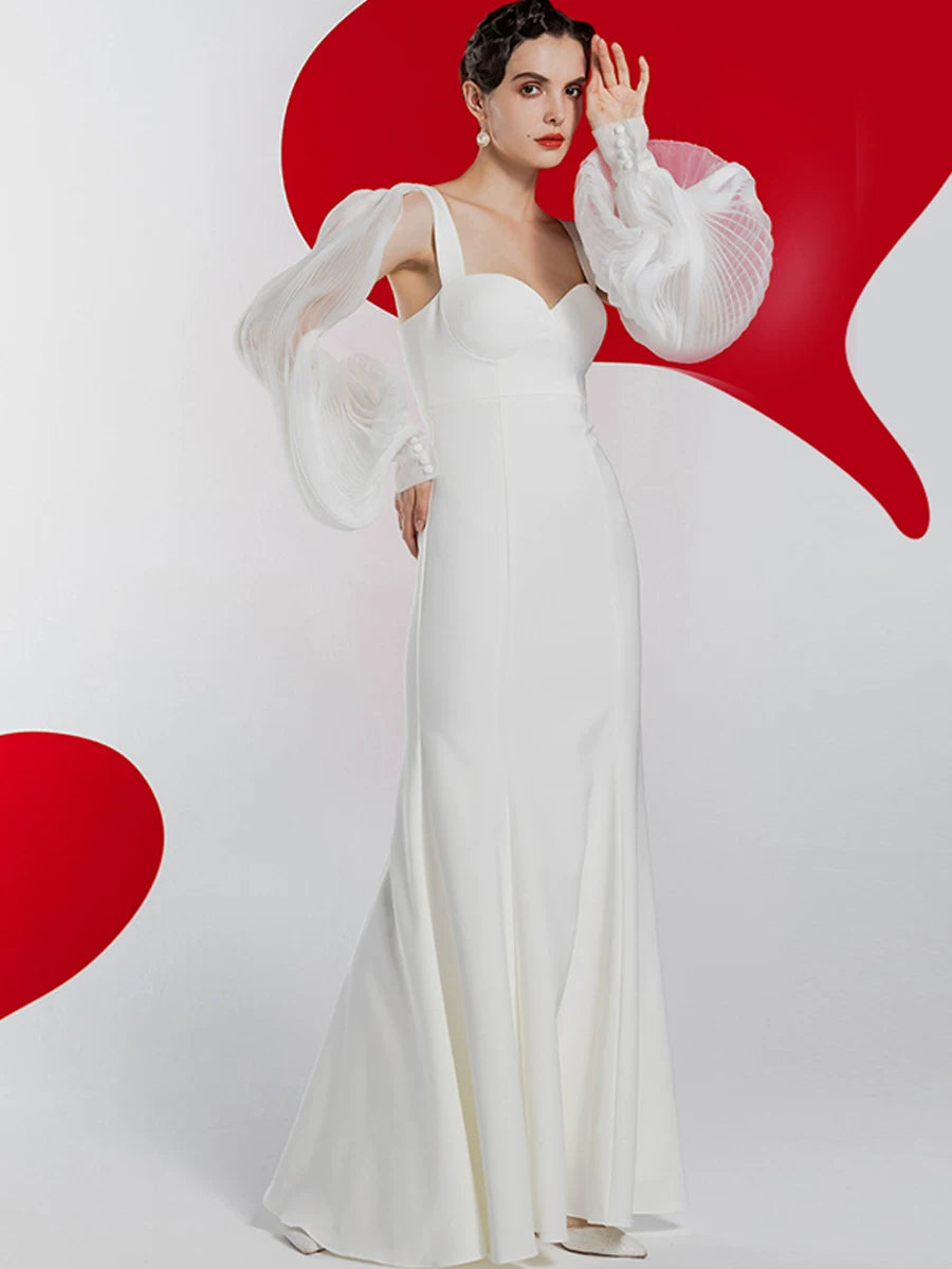 Women's White Lantern Sleeve Slim-Fit Open-Back Maxi Evening Dress Formal Midi Dress