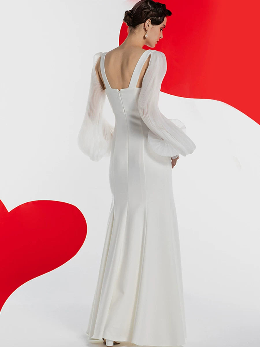 Women's White Lantern Sleeve Slim-Fit Open-Back Maxi Evening Dress Formal Midi Dress