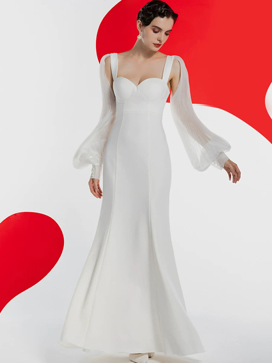 Women's White Lantern Sleeve Slim-Fit Open-Back Maxi Evening Dress Formal Midi Dress