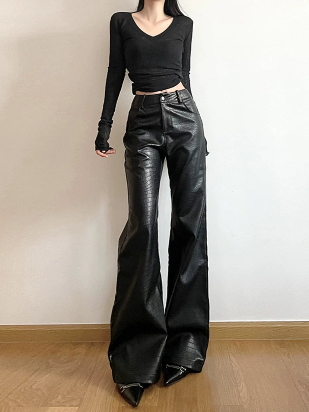Women's Winter High-waist Oversized Slim-fit Leather-look Pants for Office Outfits Business Casual Work Slimming Travel Comfort Weekend