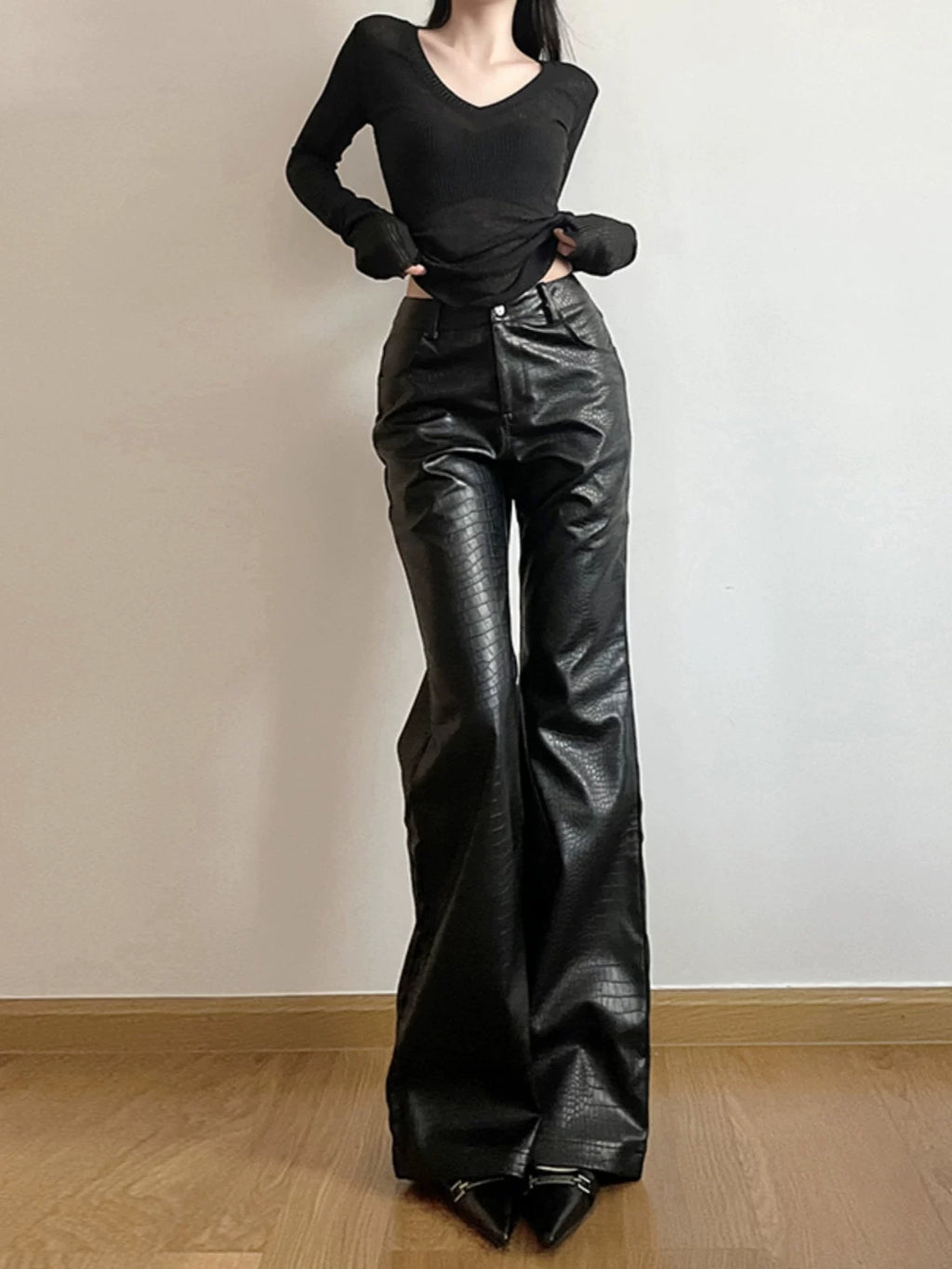Women's Winter High-waist Oversized Slim-fit Leather-look Pants for Office Outfits Business Casual Work Slimming Travel Comfort Weekend