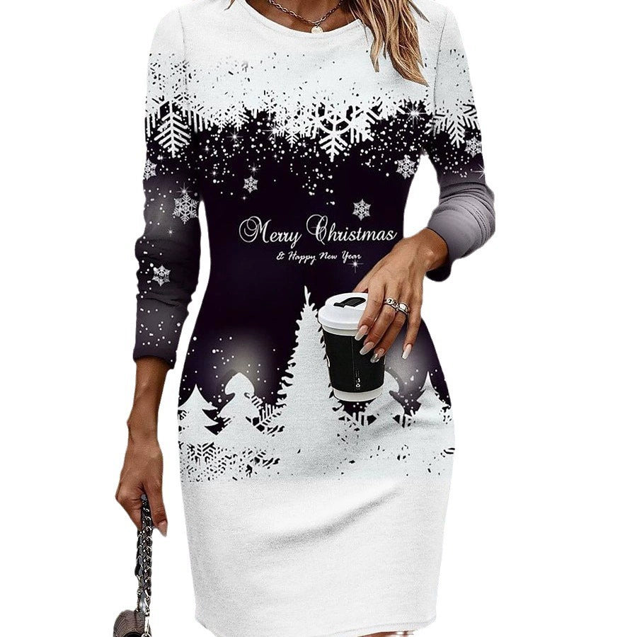 Snowflake and Tree Print Christmas Dress for Women, Long Sleeve Relaxed Holiday Party Dress