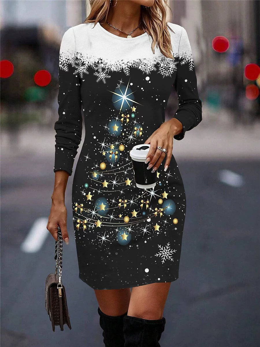 Snowflake and Tree Print Christmas Dress for Women, Long Sleeve Relaxed Holiday Party Dress