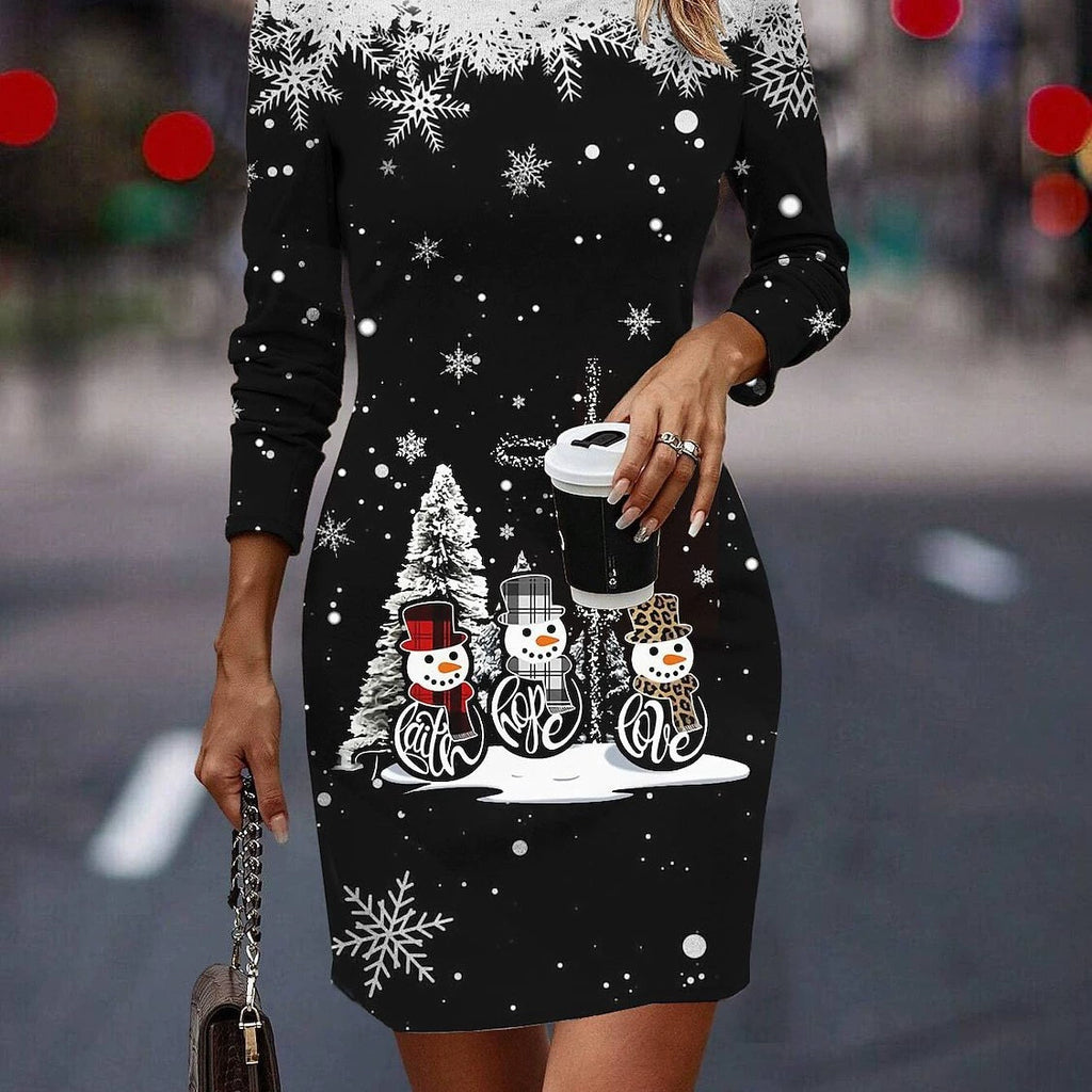 Snowflake and Tree Print Christmas Dress for Women, Long Sleeve Relaxed Holiday Party Dress