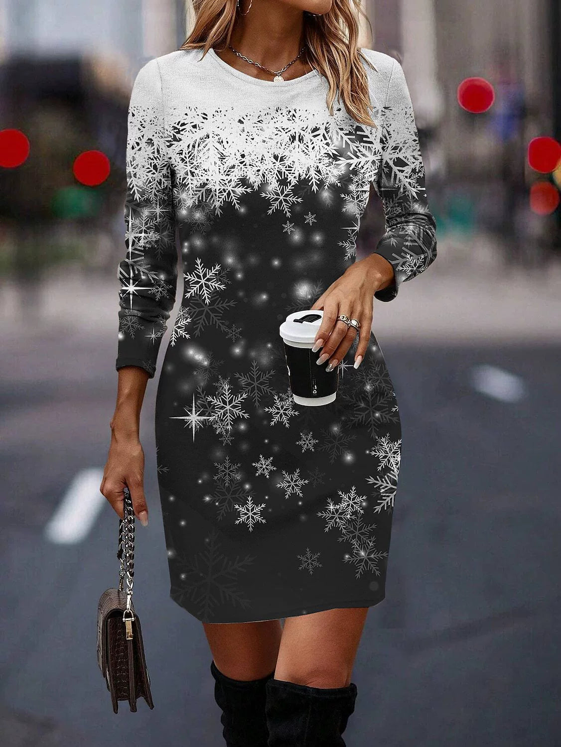 Snowflake and Tree Print Christmas Dress for Women, Long Sleeve Relaxed Holiday Party Dress