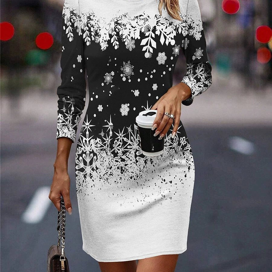 Snowflake and Tree Print Christmas Dress for Women, Long Sleeve Relaxed Holiday Party Dress