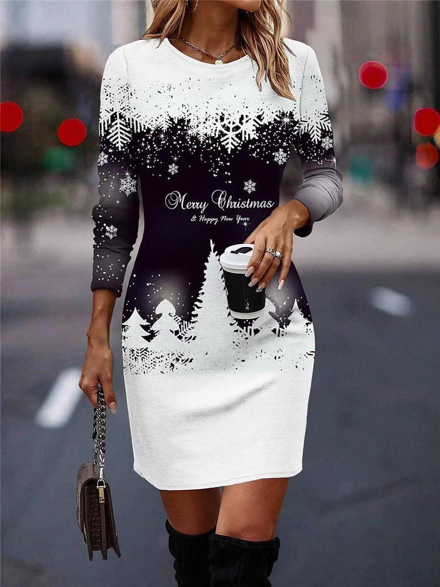 Snowflake and Tree Print Christmas Dress for Women, Long Sleeve Relaxed Holiday Party Dress