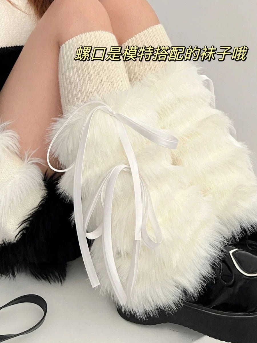 Women's Fall Winter White Faux Rabbit Fur Thickened Fuzzy Fleece-Lined Shoes Everyday