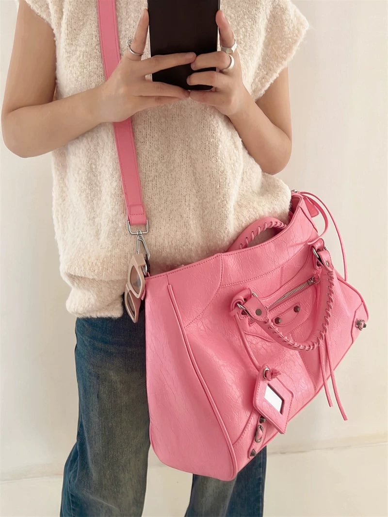 Women's Studded Soft Pink Office Workwear Tote Bag Shoulder Crossbody Purse Work Travel Everyday Purse