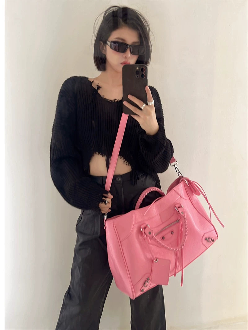 Women's Studded Soft Pink Office Workwear Tote Bag Shoulder Crossbody Purse Work Travel Everyday Purse