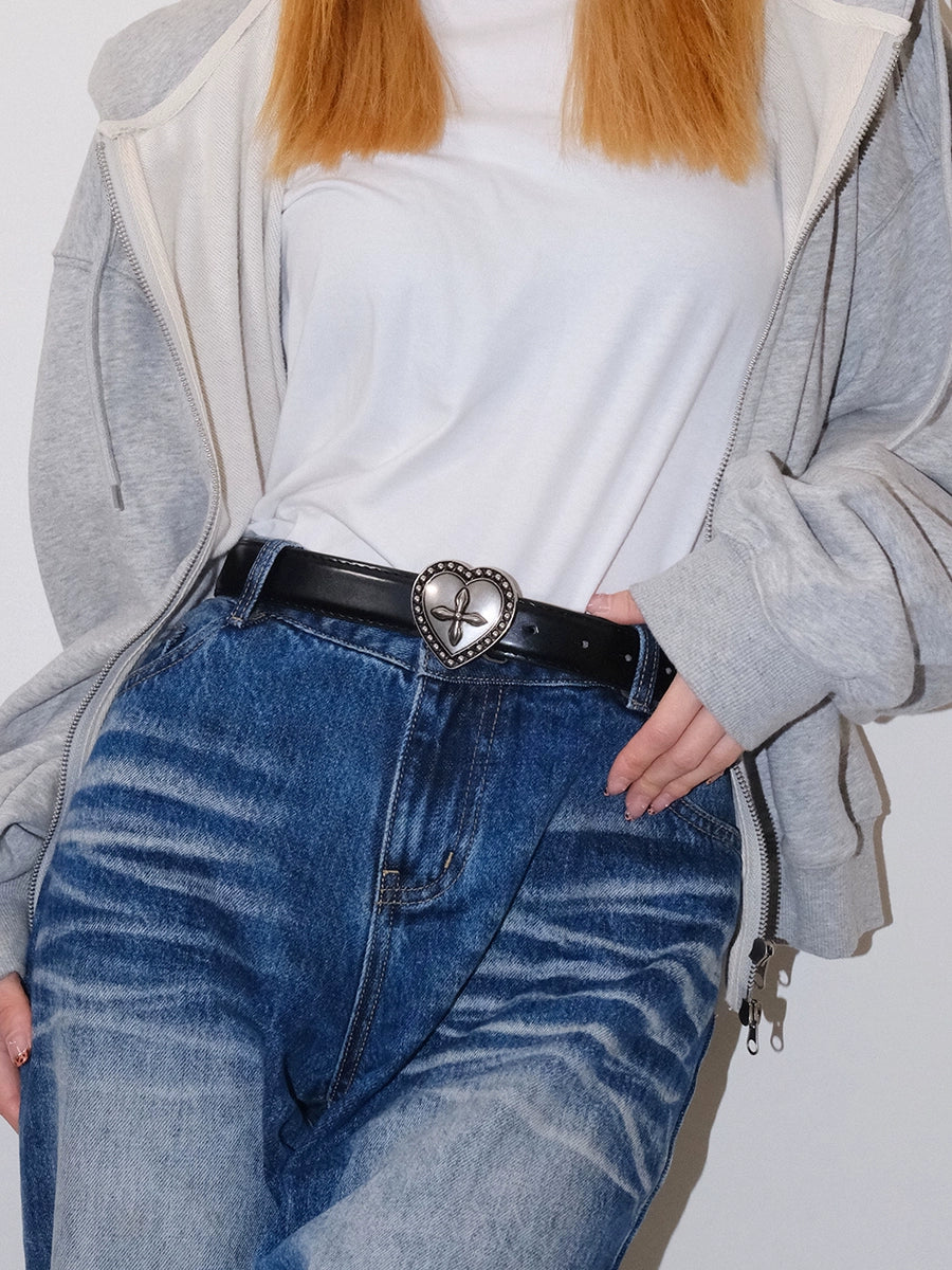 Women's Embossed Heart Cross Black Retro Casual Waist Belt Gift Party Designer Versatile Office
