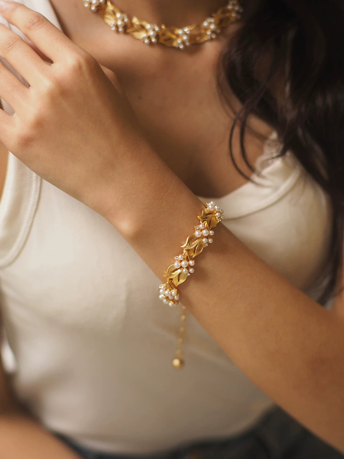 Pearl retro cuff bracelet by Yoshan, detail view 2