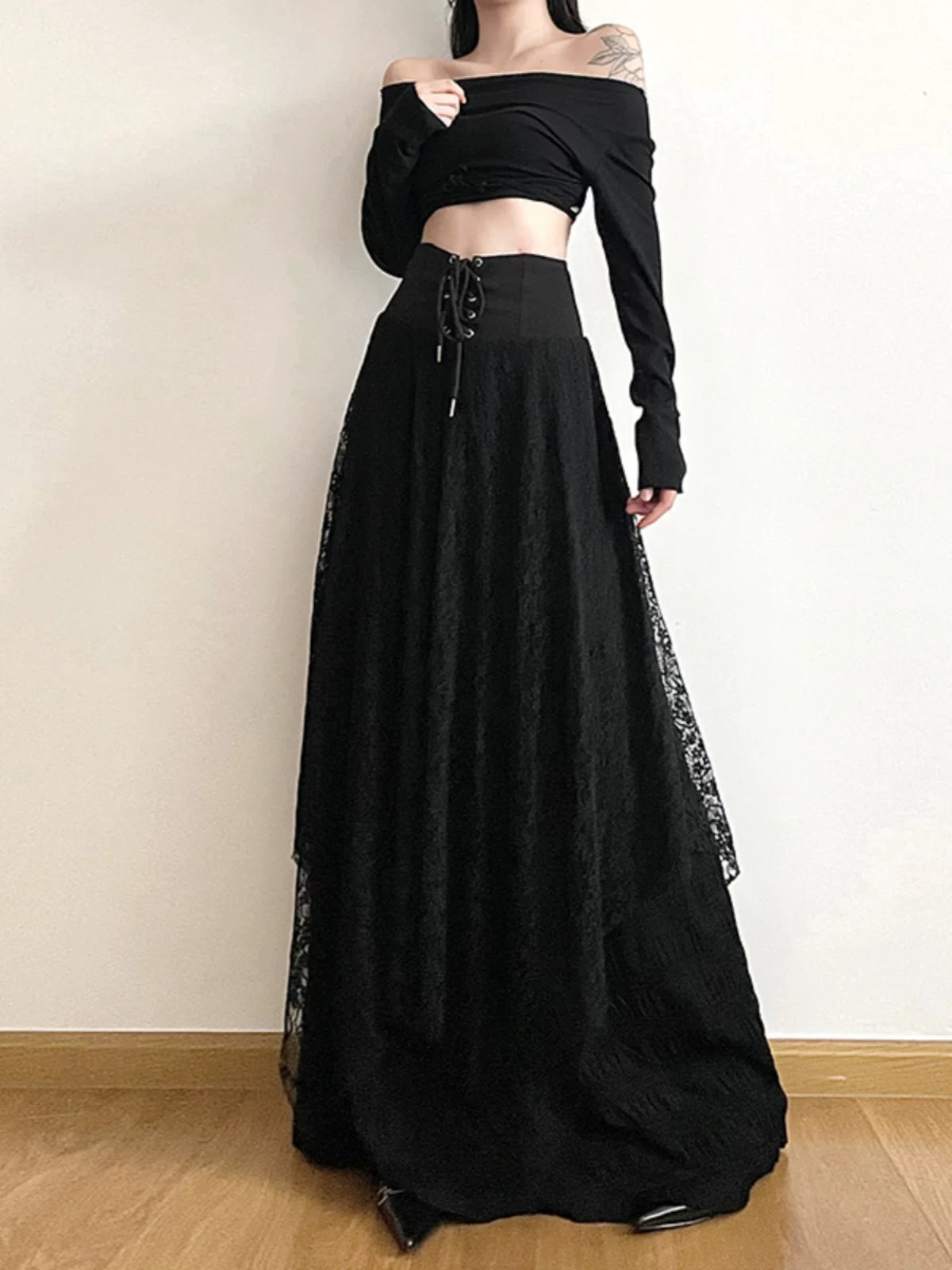 Women's Black Lace A-line High-waist Maxi Slim-fit Skirt for Summer Outfits Office Weekend Slimming Everyday Date Night