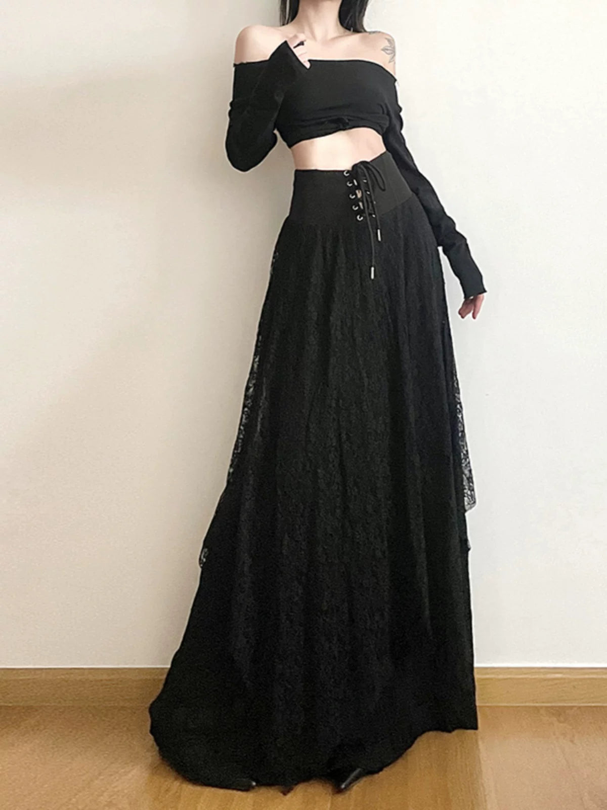 Women's Black Lace A-line High-waist Maxi Slim-fit Skirt for Summer Outfits Office Weekend Slimming Everyday Date Night