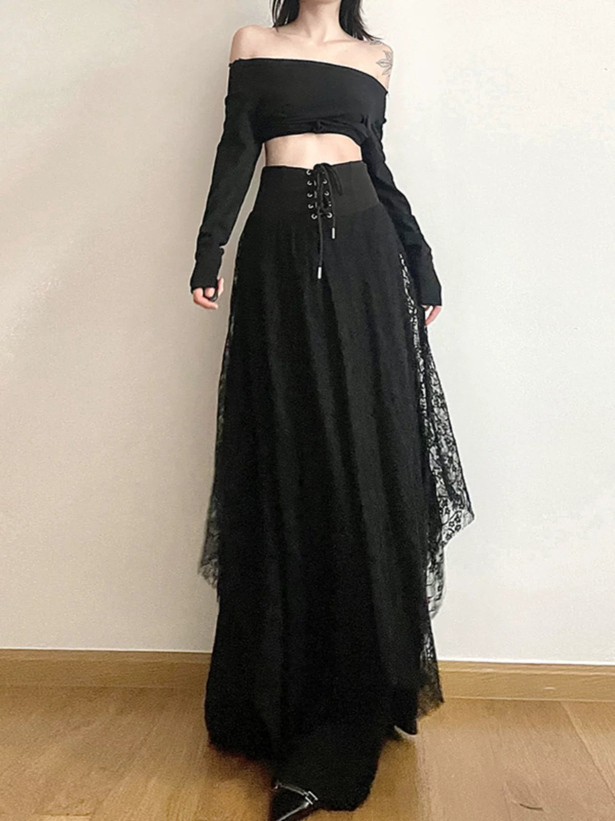 Women's Black Lace A-line High-waist Maxi Slim-fit Skirt for Summer Outfits Office Weekend Slimming Everyday Date Night