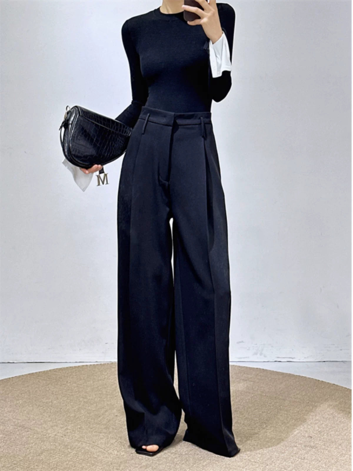 Women's Black Draped Workwear High-waist Oversized Slim-fit Casual Wide-leg Pants for Office Outfits Business Travel Comfort Slimming Weekend Everyday