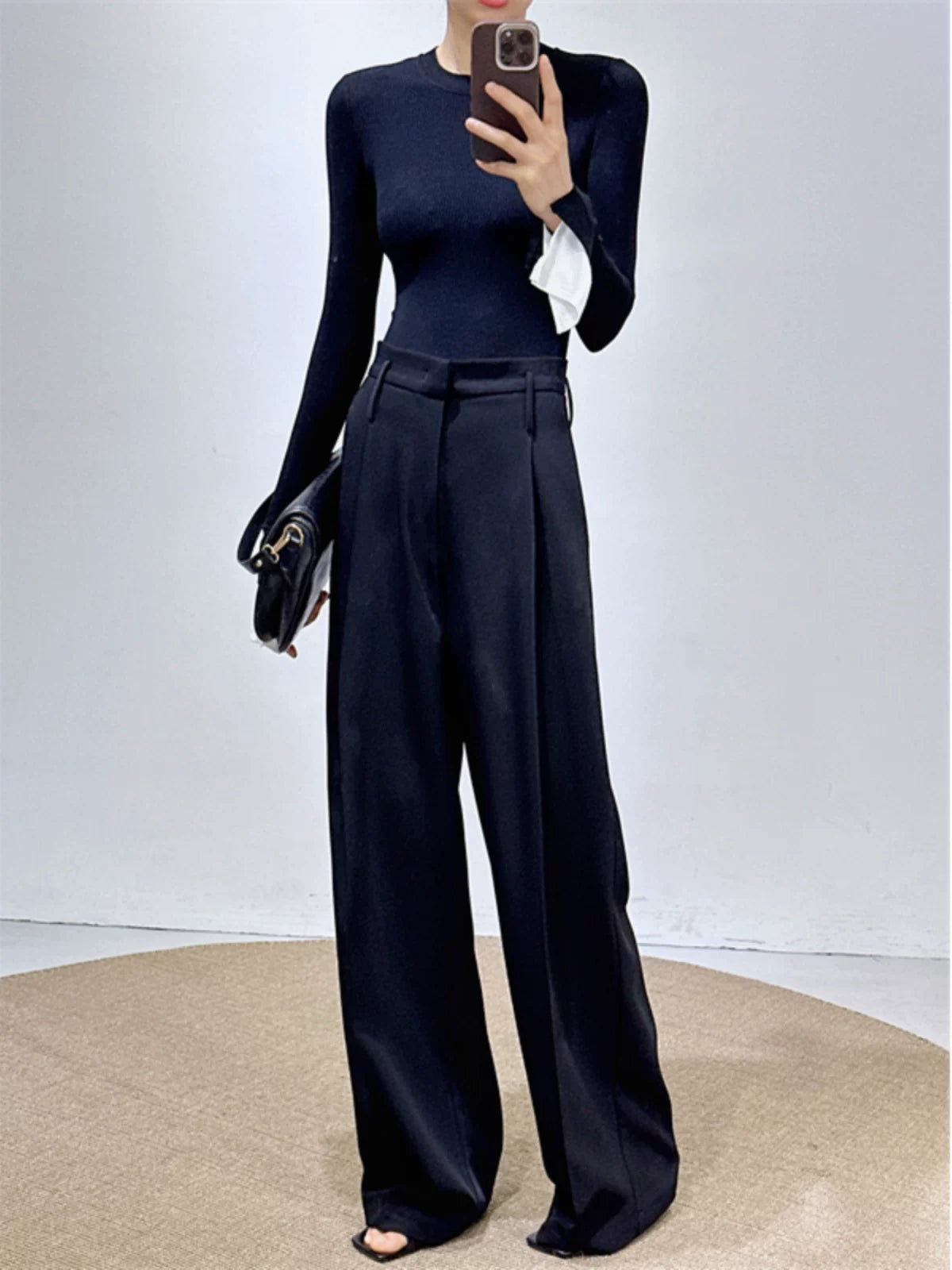 Women's Black Draped Workwear High-waist Oversized Slim-fit Casual Wide-leg Pants for Office Outfits Business Travel Comfort Slimming Weekend Everyday