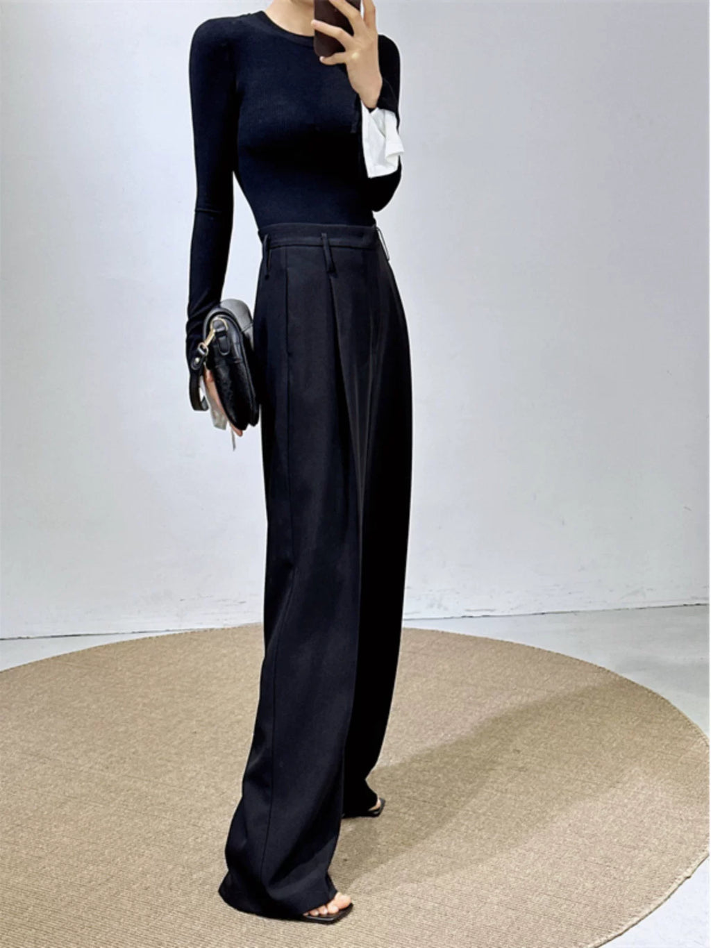 Women's Black Draped Workwear High-waist Oversized Slim-fit Casual Wide-leg Pants for Office Outfits Business Travel Comfort Slimming Weekend Everyday