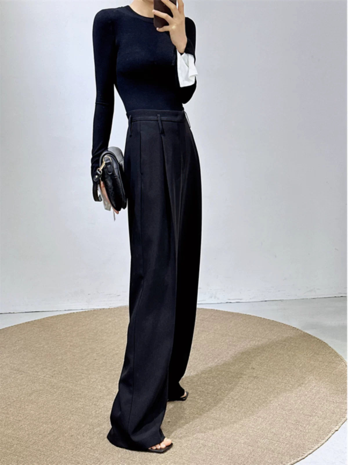 Women's Black Draped Workwear High-waist Oversized Slim-fit Casual Wide-leg Pants for Office Outfits Business Travel Comfort Slimming Weekend Everyday