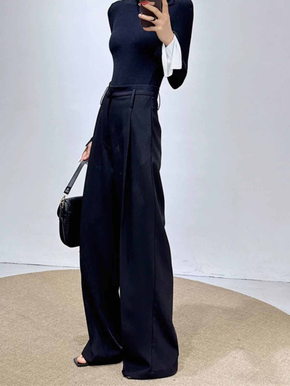 Women's Black Draped Workwear High-waist Oversized Slim-fit Casual Wide-leg Pants for Office Outfits Business Travel Comfort Slimming Weekend Everyday