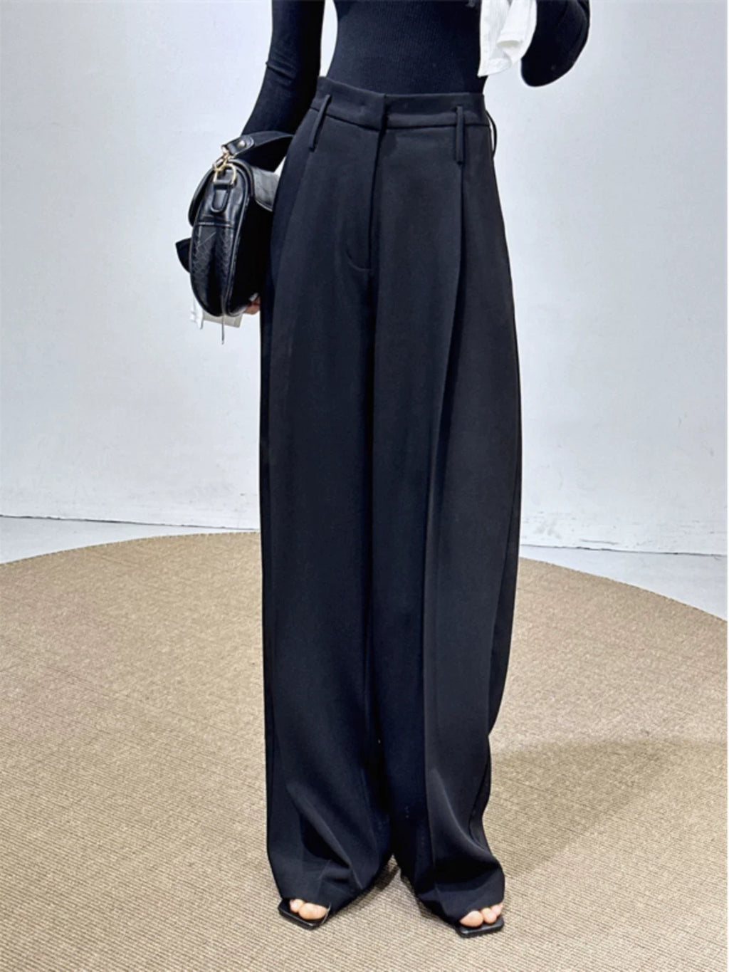 Women's Black Draped Workwear High-waist Oversized Slim-fit Casual Wide-leg Pants for Office Outfits Business Travel Comfort Slimming Weekend Everyday