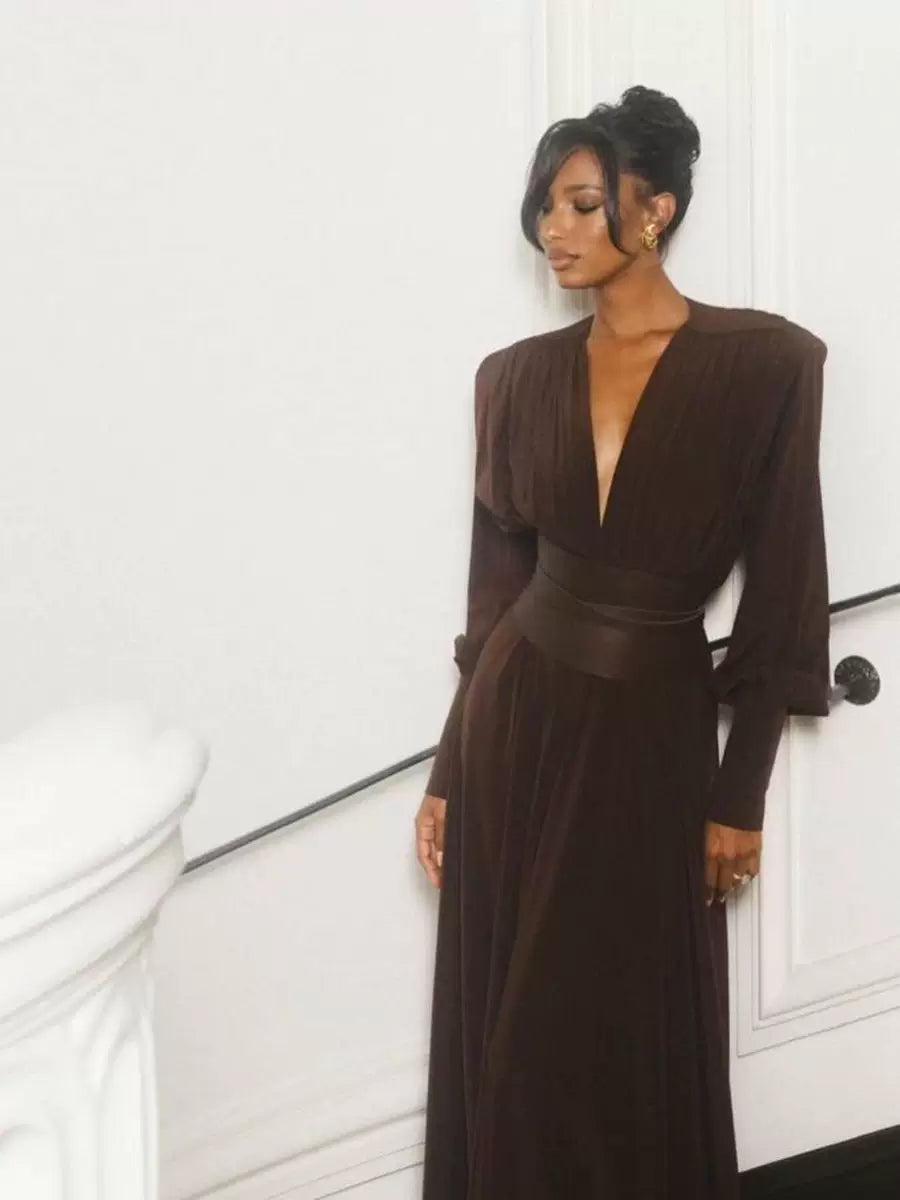 Women's Slim-Waist A-Line Maxi Long Sleeve Party Evening Dress Formal Midi Dress for Black Tie Wedding Guest Cocktail Prom Date Night